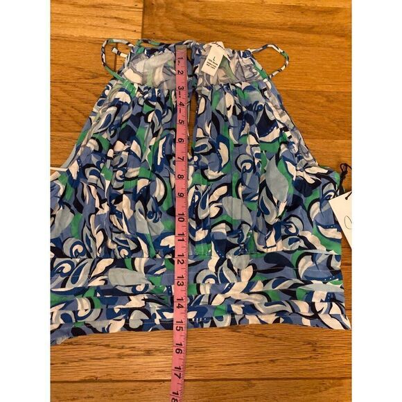 NWT Japna Womens Sleeveless abstract print blue cropped pleated Halter Top Large - Picture 6 of 7